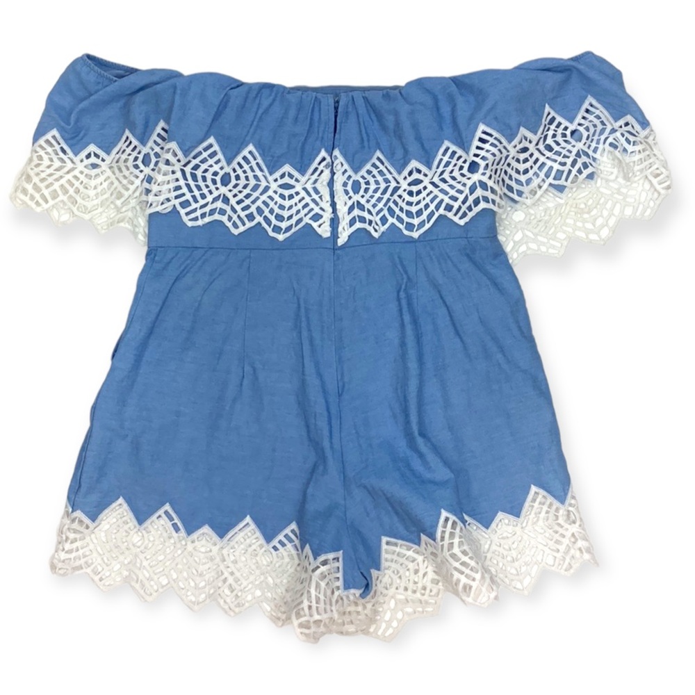 BARDOT Womens Off The Shoulder Lace Embroidered Jumpsuit Romper Blue Size Large - Picture 4 of 8